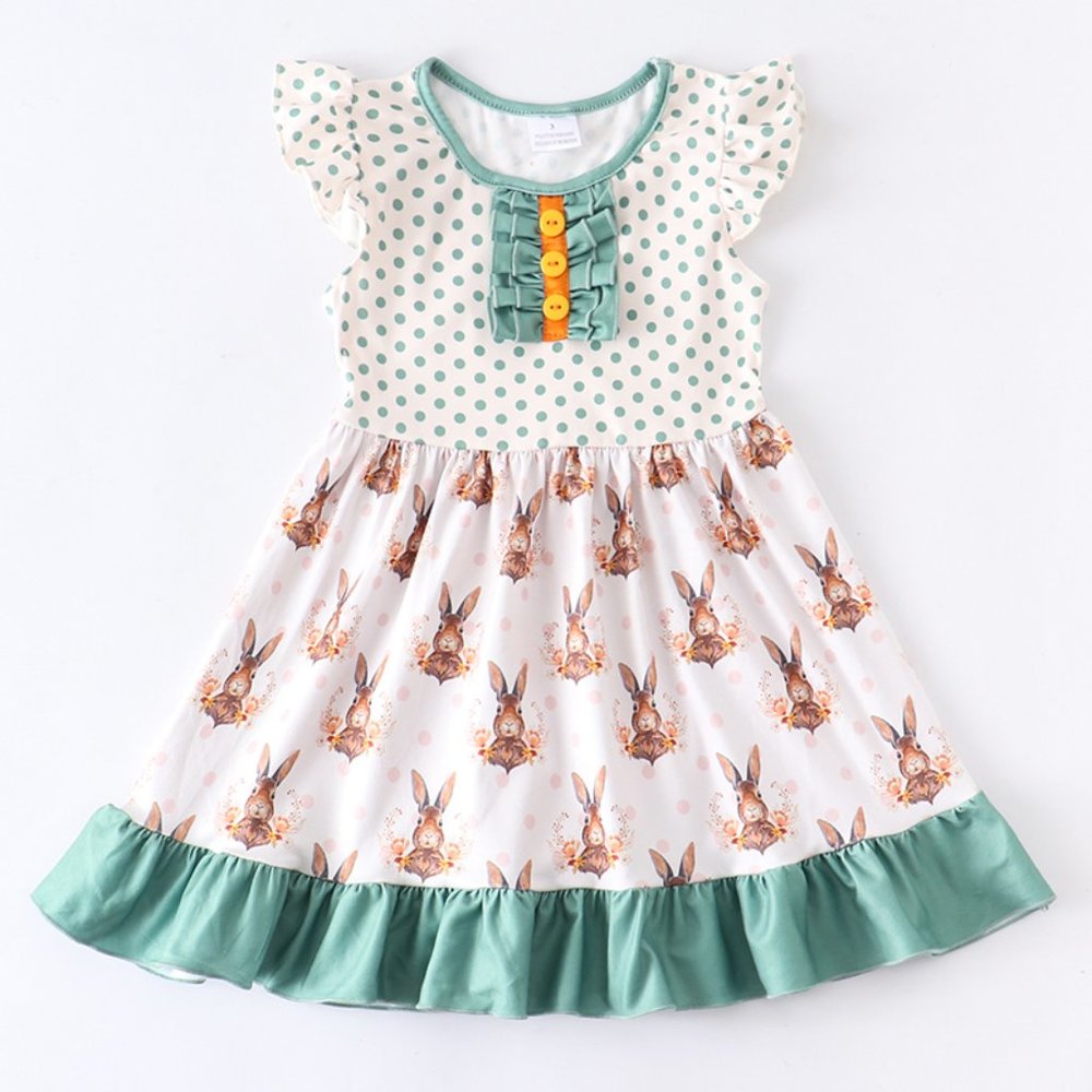 Girls Mint Polka Dot Bunny Ruffle Dress